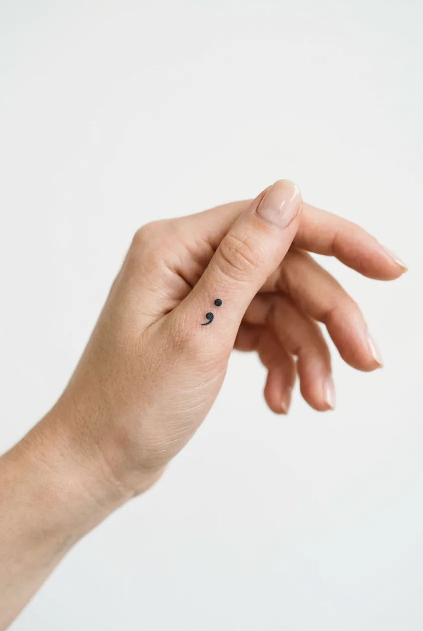 Woman's hand showing small semicolon tattoo placed between thumb and index finger in fine black ink