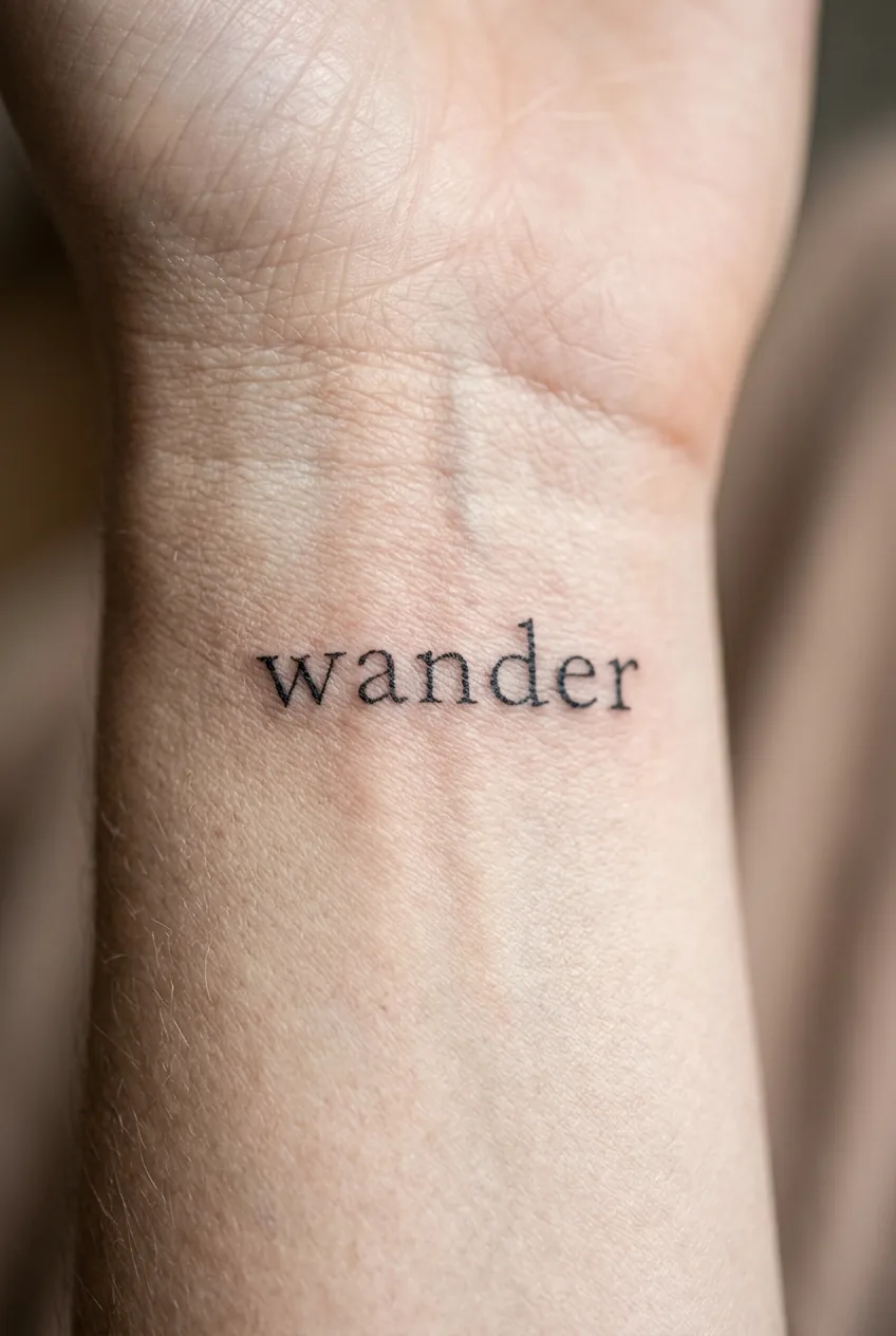 Handwritten single word tattoo on woman's inner wrist with spaced fine ink letterforms against pale skin in side lighting