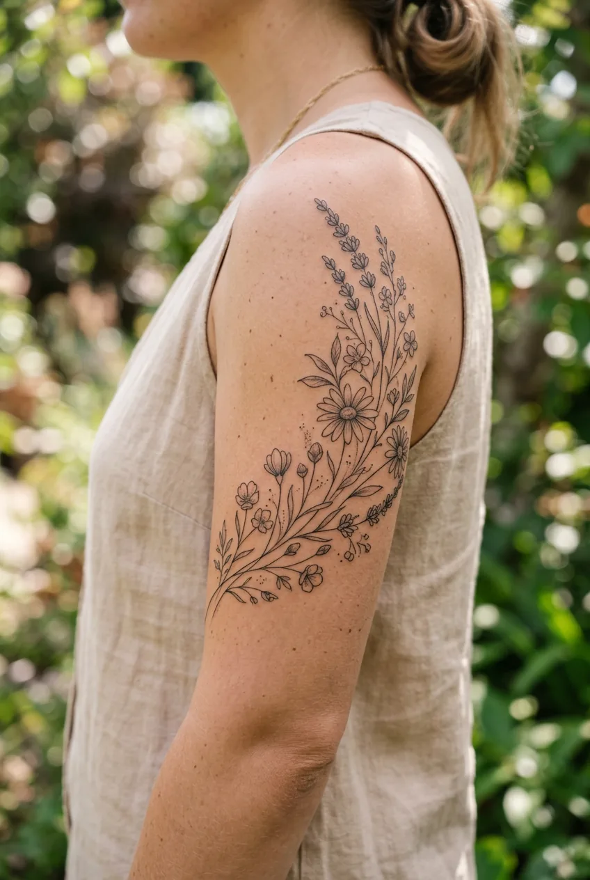 Close-up of a woman's upper arm with a healed elegant fine-line floral tattoo in soft natural outdoor light showing refined linework