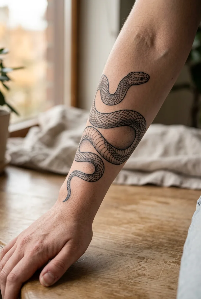 Healed fine-line snake tattoo on a woman's forearm showing crisp scale outlines and grey shading in natural window light