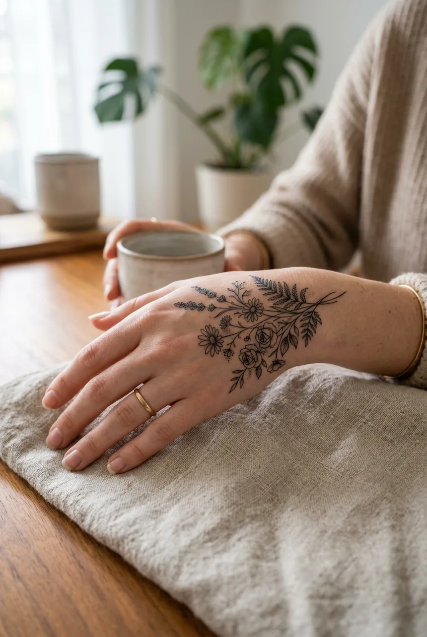 Beautifully healed delicate floral hand tattoo six months after completion showing excellent line retention and color