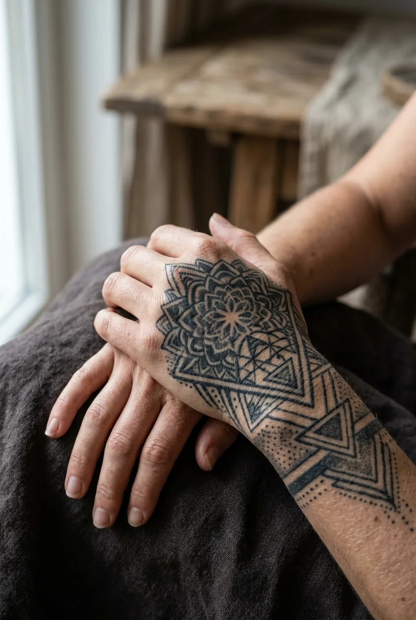 Detailed view of healed geometric hand tattoo with bold black linework showing quality ink saturation and crisp lines
