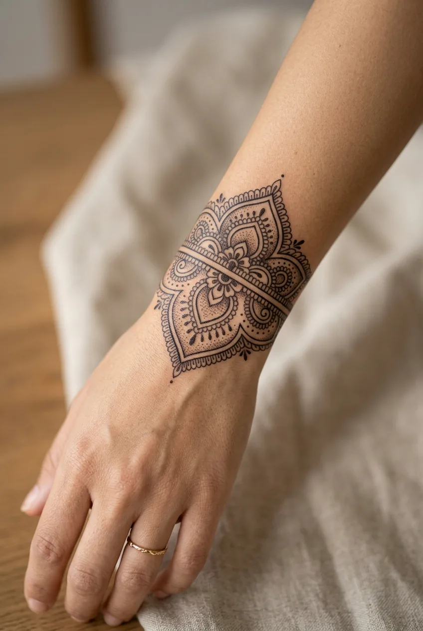Fully healed henna bracelet tattoo on woman's wrist displaying crisp linework and intact dotwork details
