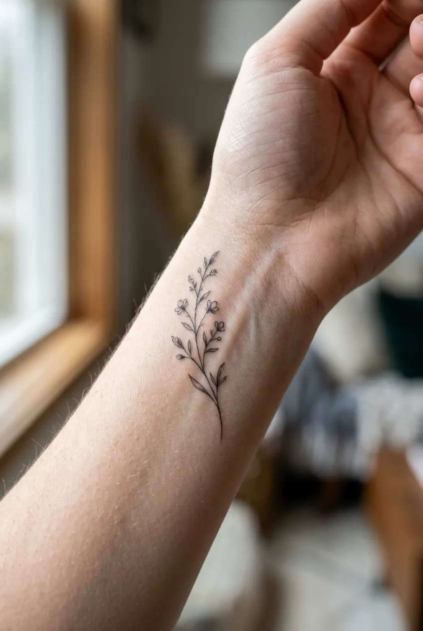 Healed single-needle fine-line botanical tattoo on a woman's inner wrist in natural daylight showing crisp hairline detail