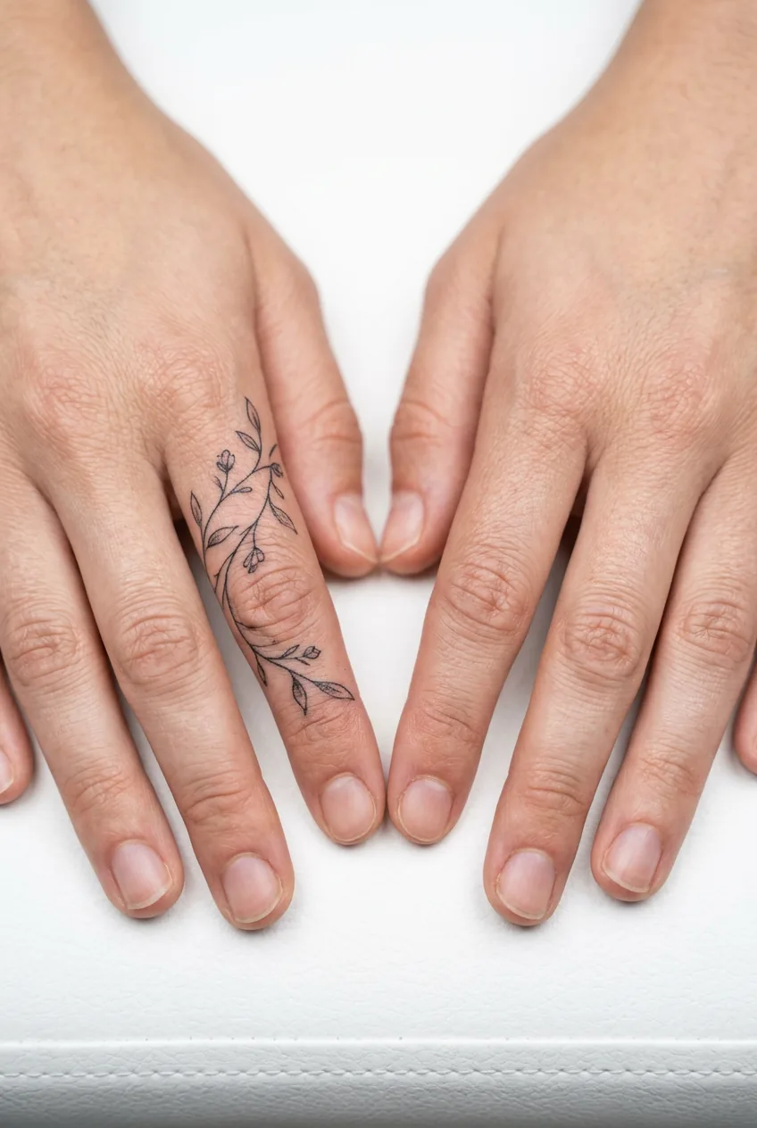 Side-by-side close-up of a woman's two hands showing healed fine-line finger tattoo next to untattooed skin