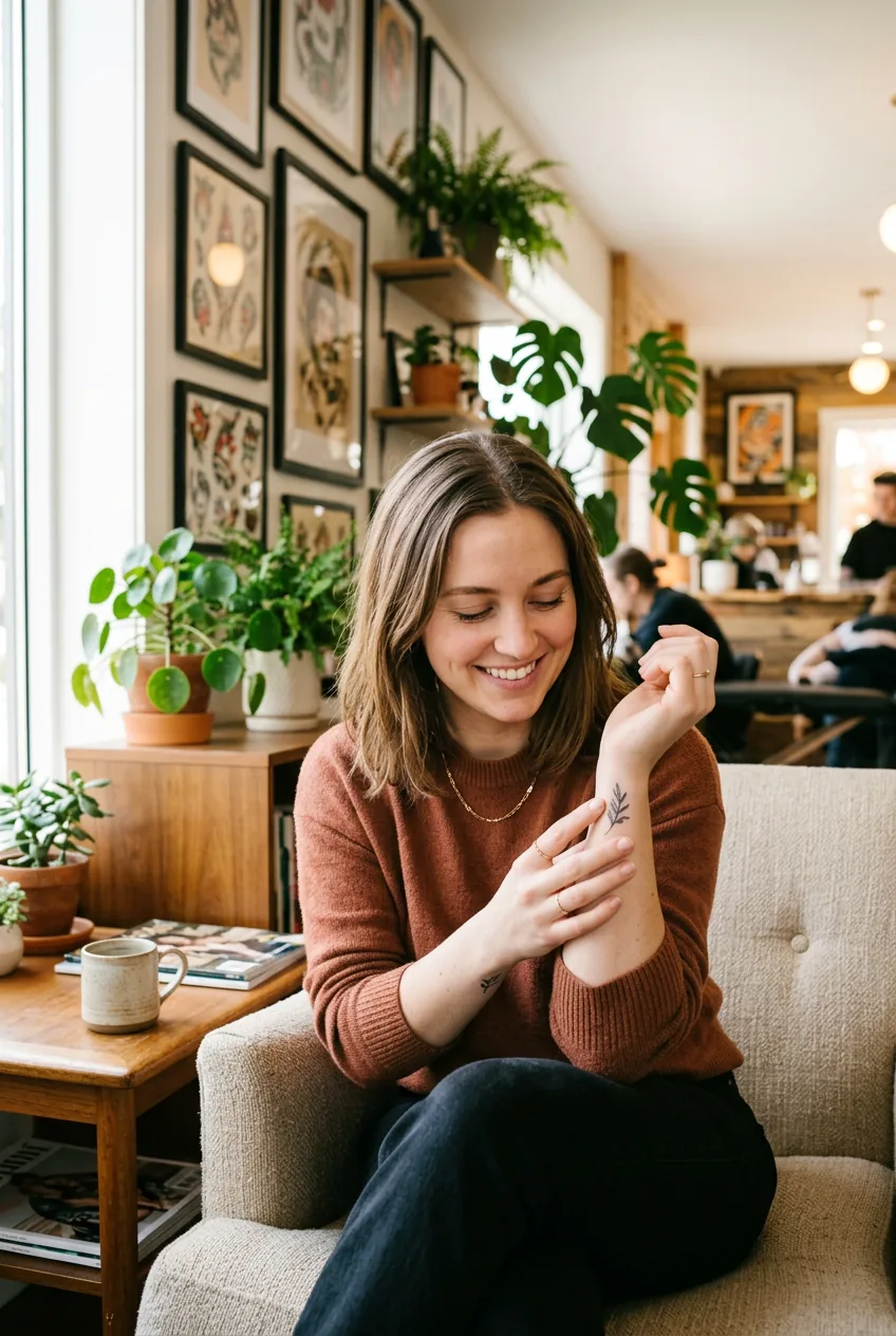 Woman admiring a small healed fine-line tattoo on her inner wrist while seated in a bright studio waiting area