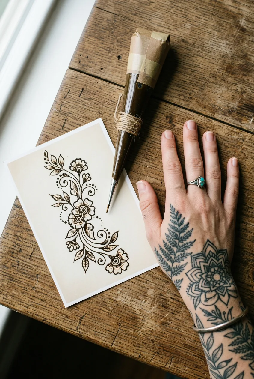Natural henna cone and floral vine reference photo beside a relaxed tattooed woman's hand on a wooden desk