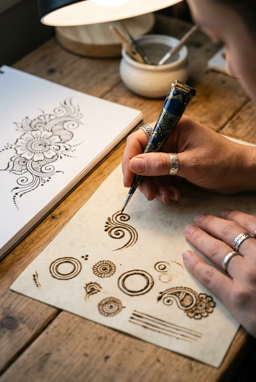 Henna cone tip creating a practice swirl on paper beside a reference design sketch on a studio desk