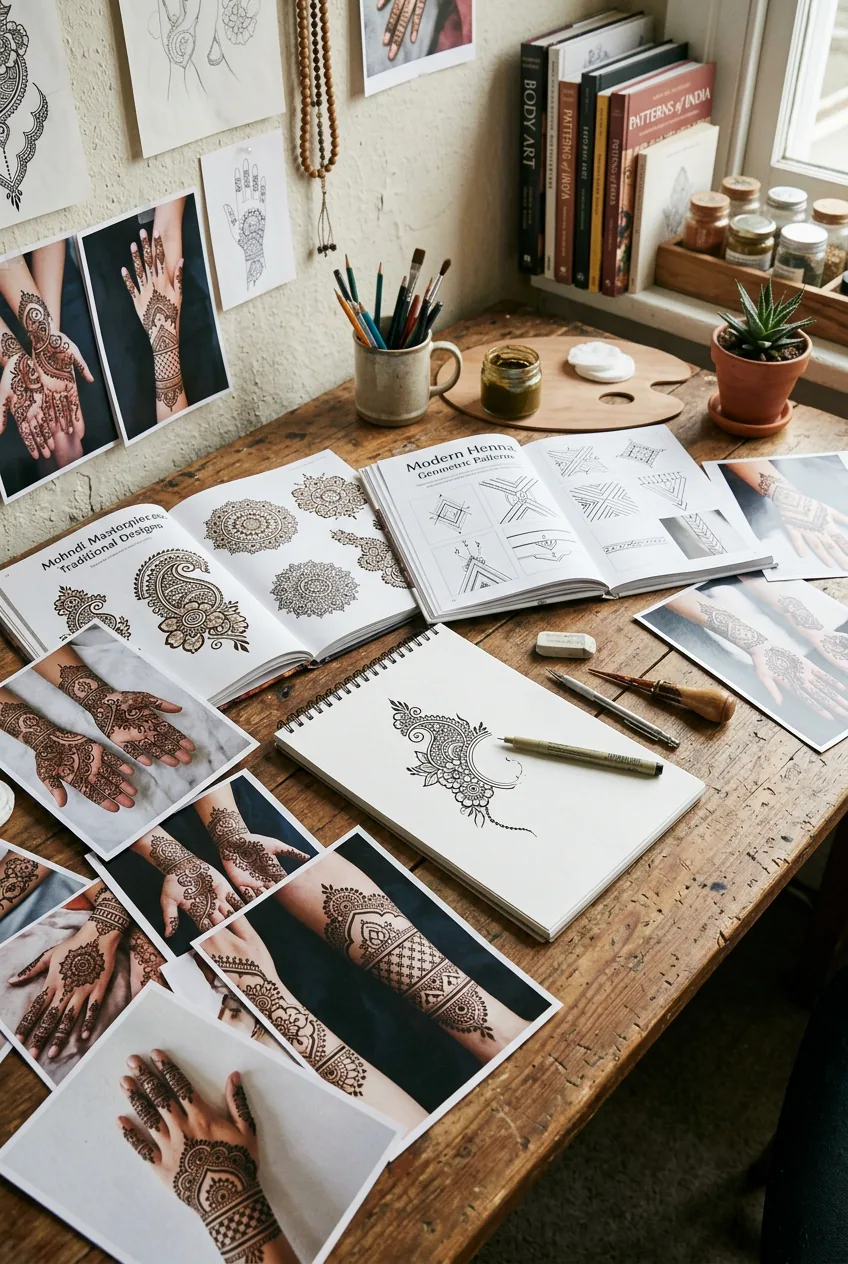 Collection of henna design references and sketches spread across tattoo consultation desk with design books