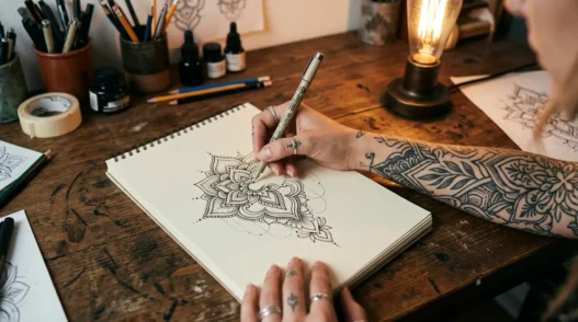 Tattoo artist's hand sketching a henna-style floral design on paper beside a client's tattooed arm at a studio desk