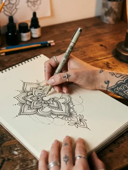 Tattoo artist's hand sketching a henna-style floral design on paper beside a client's tattooed arm at a studio desk