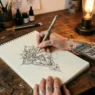 Tattoo artist's hand sketching a henna-style floral design on paper beside a client's tattooed arm at a studio desk