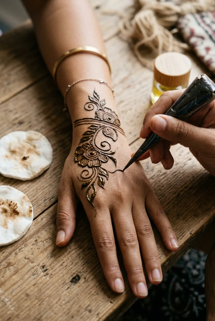 Overhead view of a henna cone drawing a floral vine pattern on the back of a woman's hand