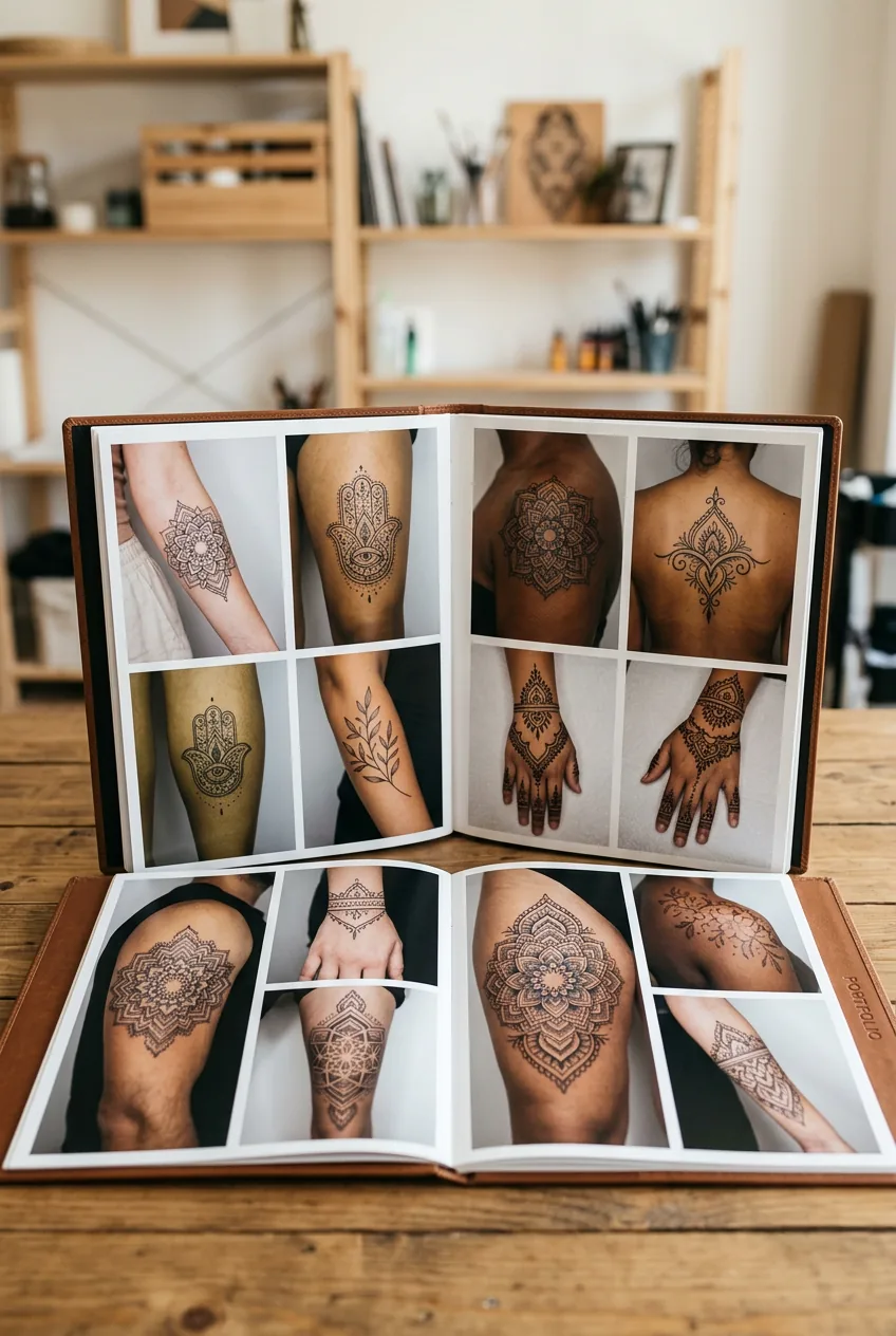 Portfolio pages displaying various healed henna-style tattoos showing fine line and dotwork specialization