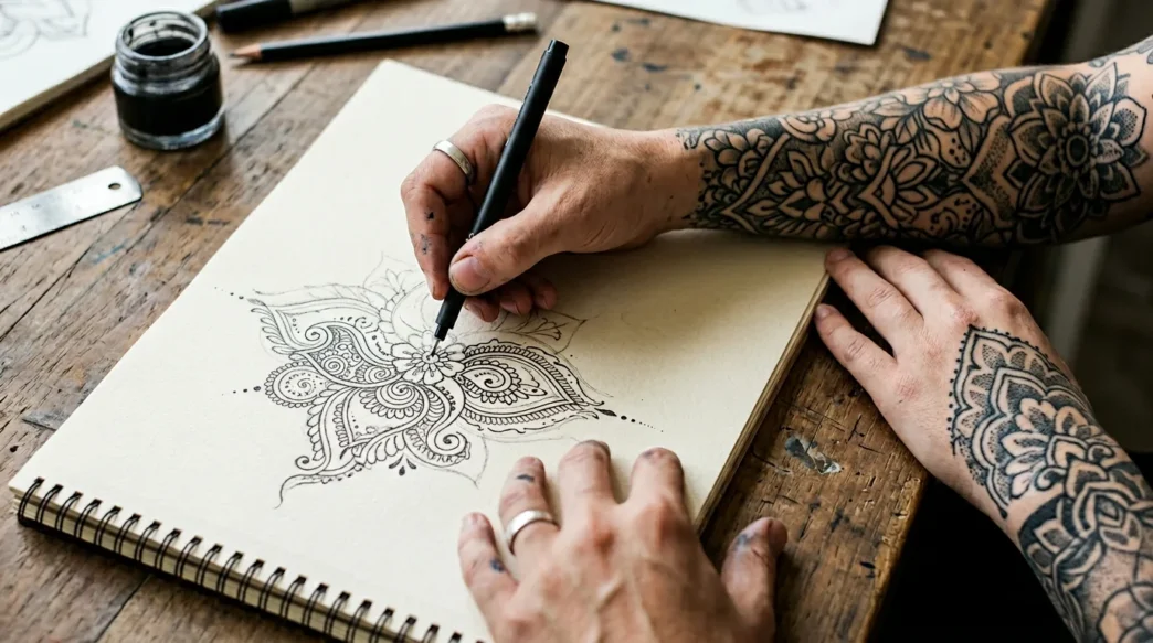 Overhead view of tattoo artist drawing custom henna-style design sketch on paper with client's arm resting nearby