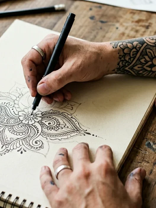 Overhead view of tattoo artist drawing custom henna-style design sketch on paper with client's arm resting nearby