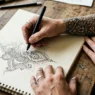 Overhead view of tattoo artist drawing custom henna-style design sketch on paper with client's arm resting nearby