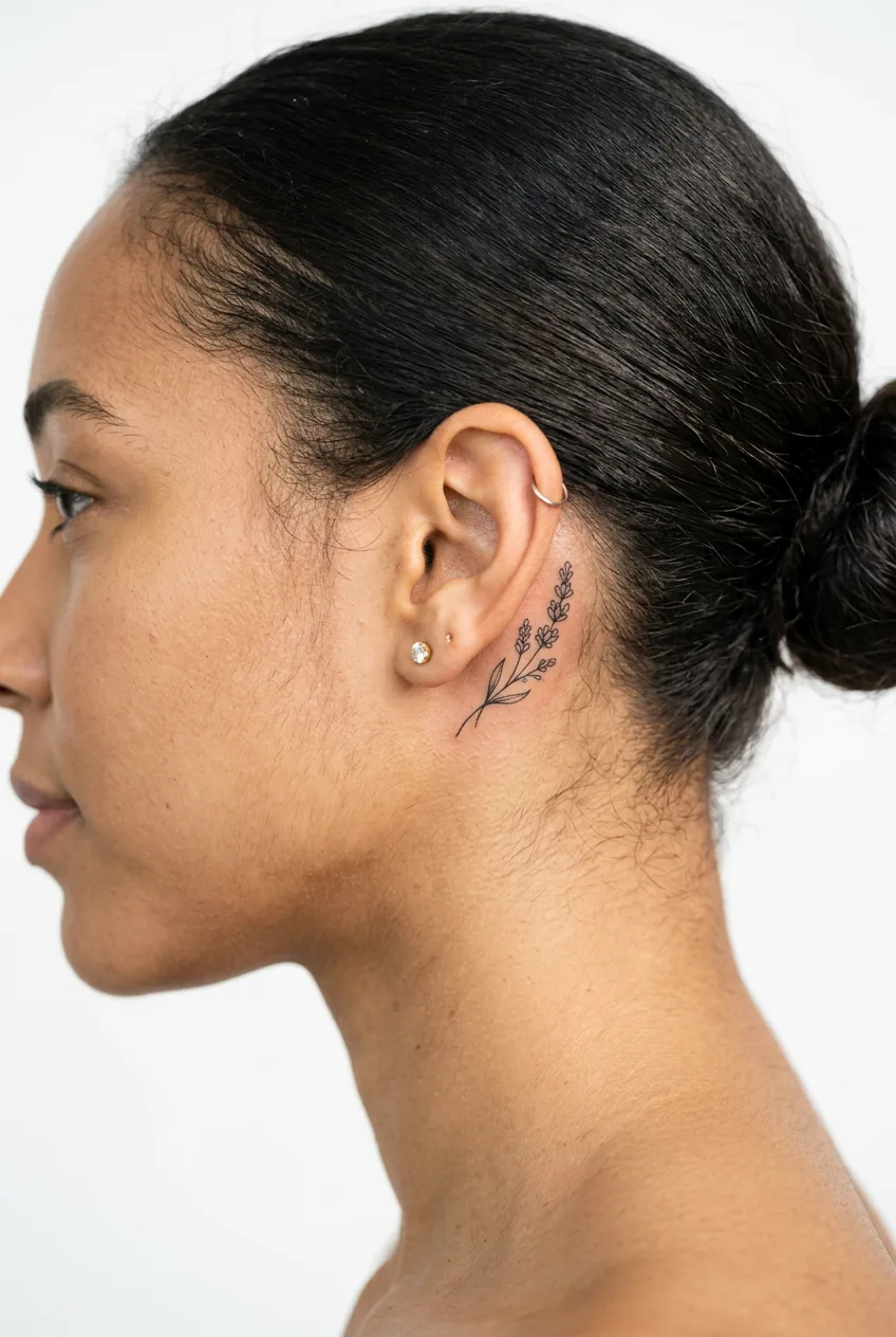 Hidden small tattoo placement behind woman's ear showing intimate tattoo positioning