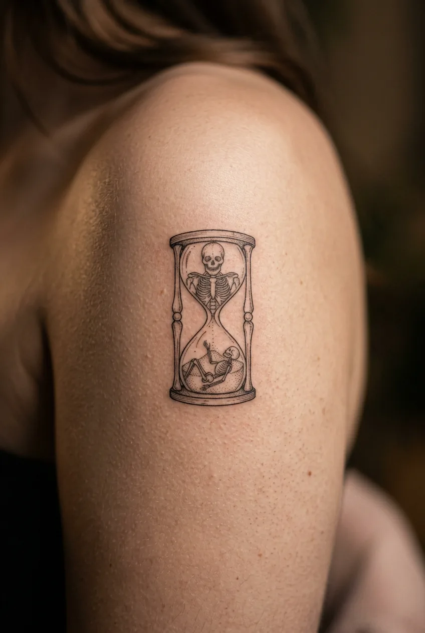 Macro photograph of small anatomical hourglass tattoo on woman's upper arm showing fine structural line work and negative space