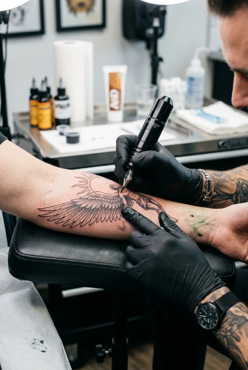 Detailed view of tattoo artist adding fine line details to Icarus wing design in professional studio setting