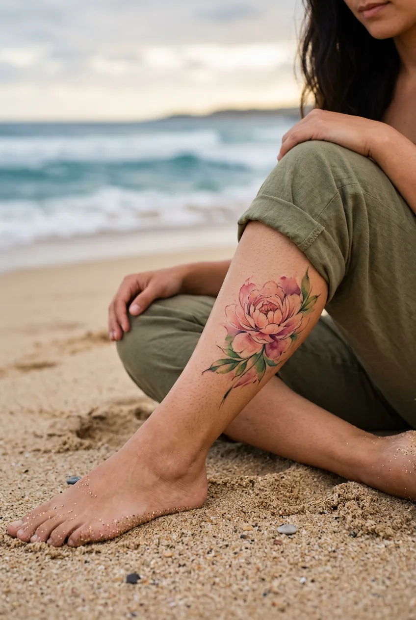 Loose watercolor peony bloom tattoo on a woman's inner calf caught in soft diffused coastal afternoon light on sandy beach