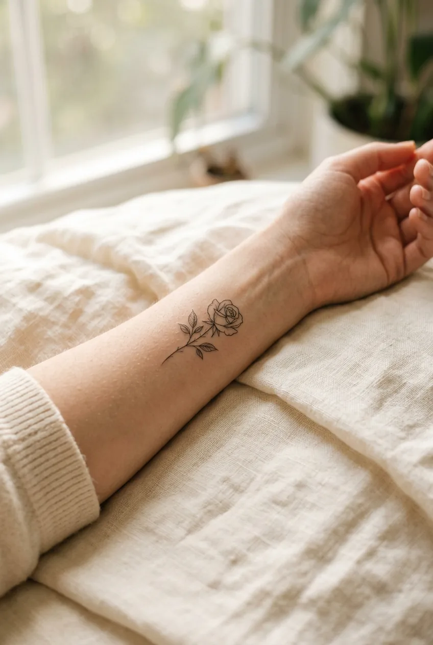 Close-up of inner forearm showing an open rose bud fine-line tattoo with clean stem against cream linen background