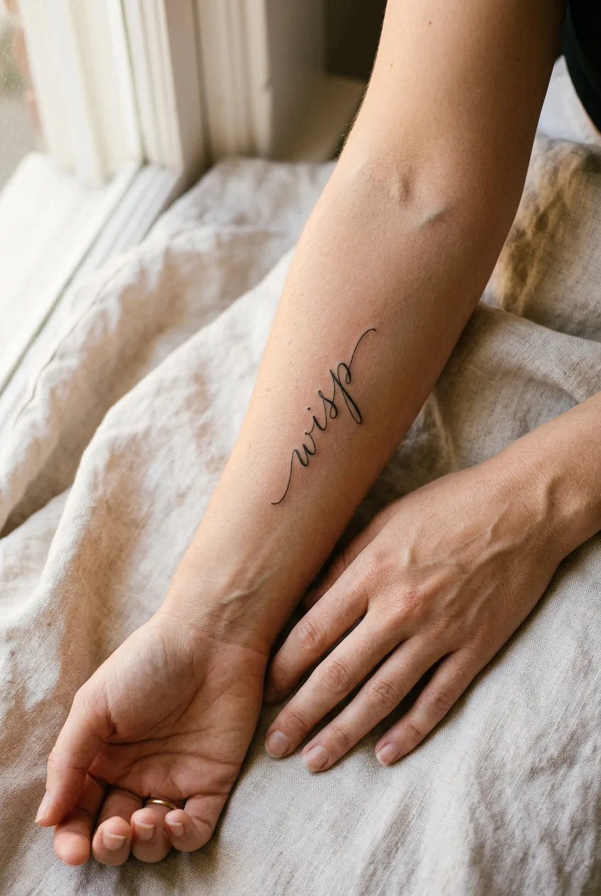 Inner forearm close-up with an elegantly handwritten single-word script tattoo in artist-developed lettering