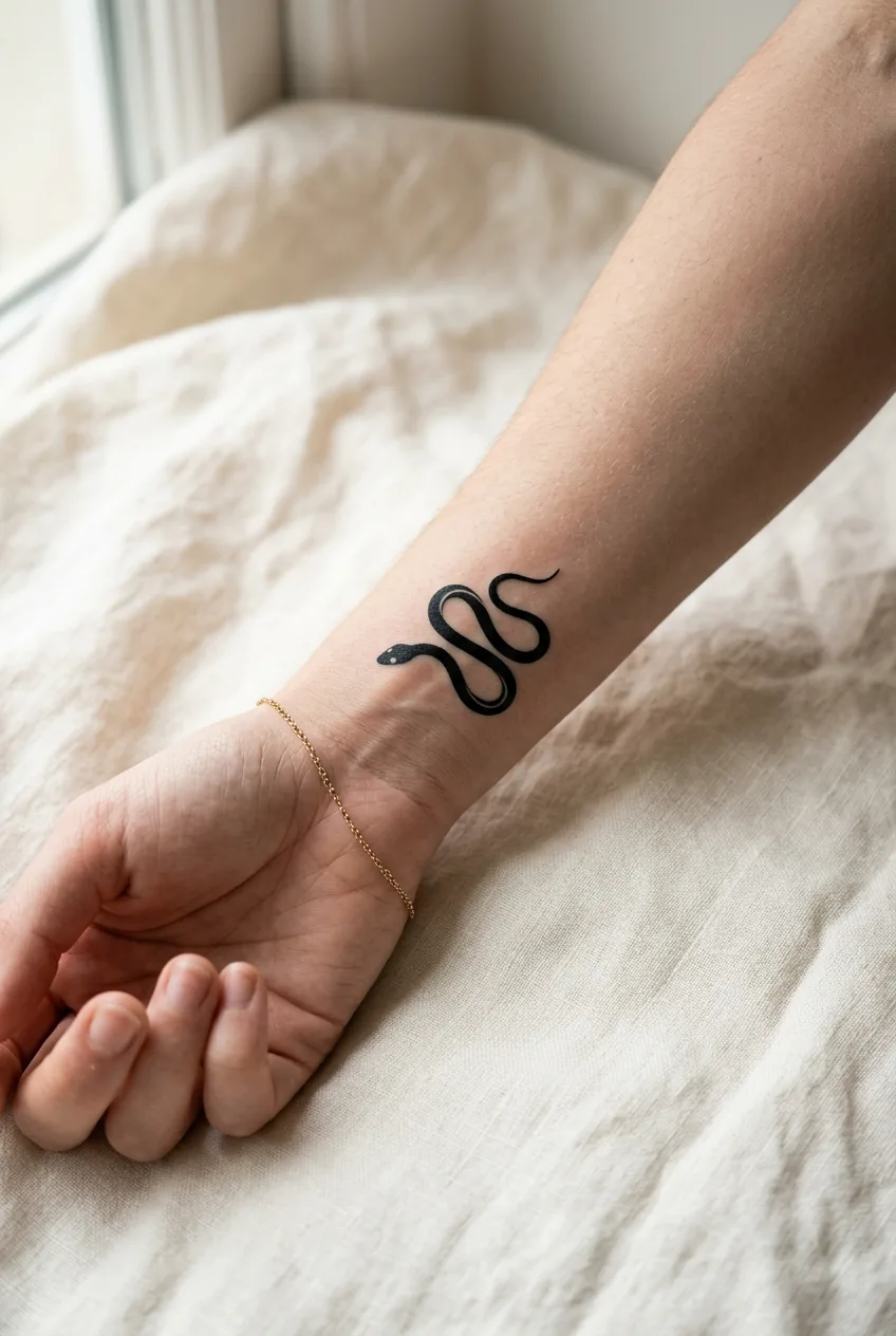 Woman's inner wrist showing a small smooth blackwork snake tattoo coiled loosely with a single dot eye detail