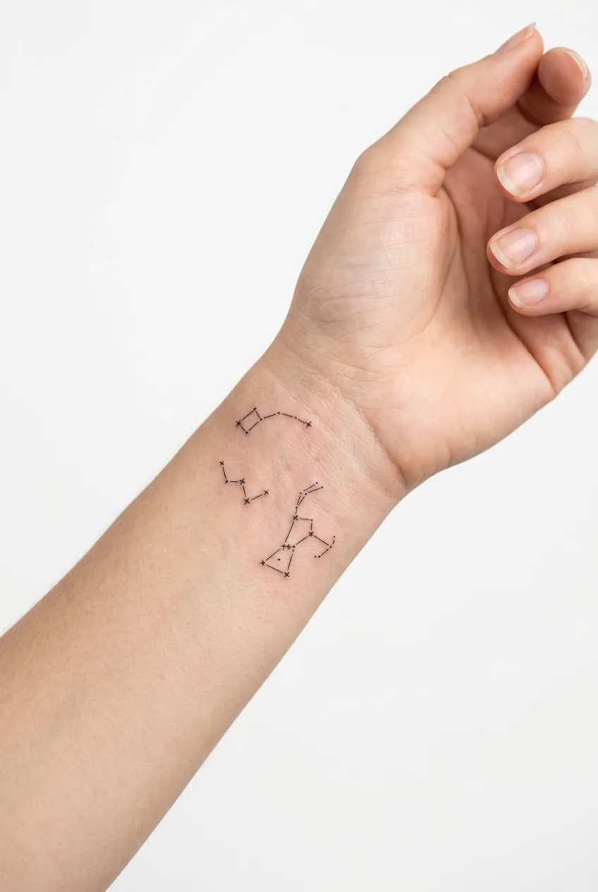 Close-up view of three small star tattoos on woman's inner wrist, each star smaller than pencil tip in constellation formation