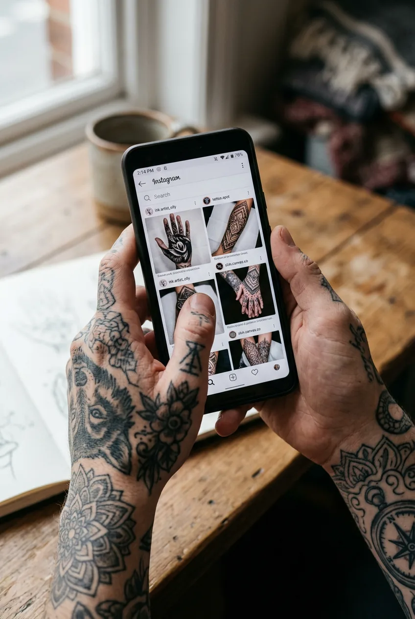 Close-up view of hands scrolling through Instagram feed showing multiple hand tattoo portfolio photos on phone screen