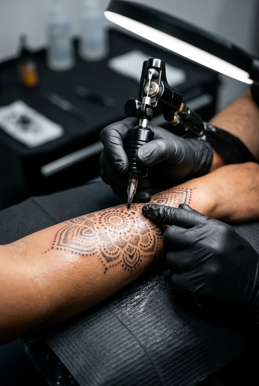 Detailed shot of precise dotwork pattern being tattooed with fine needle showing methodical technique