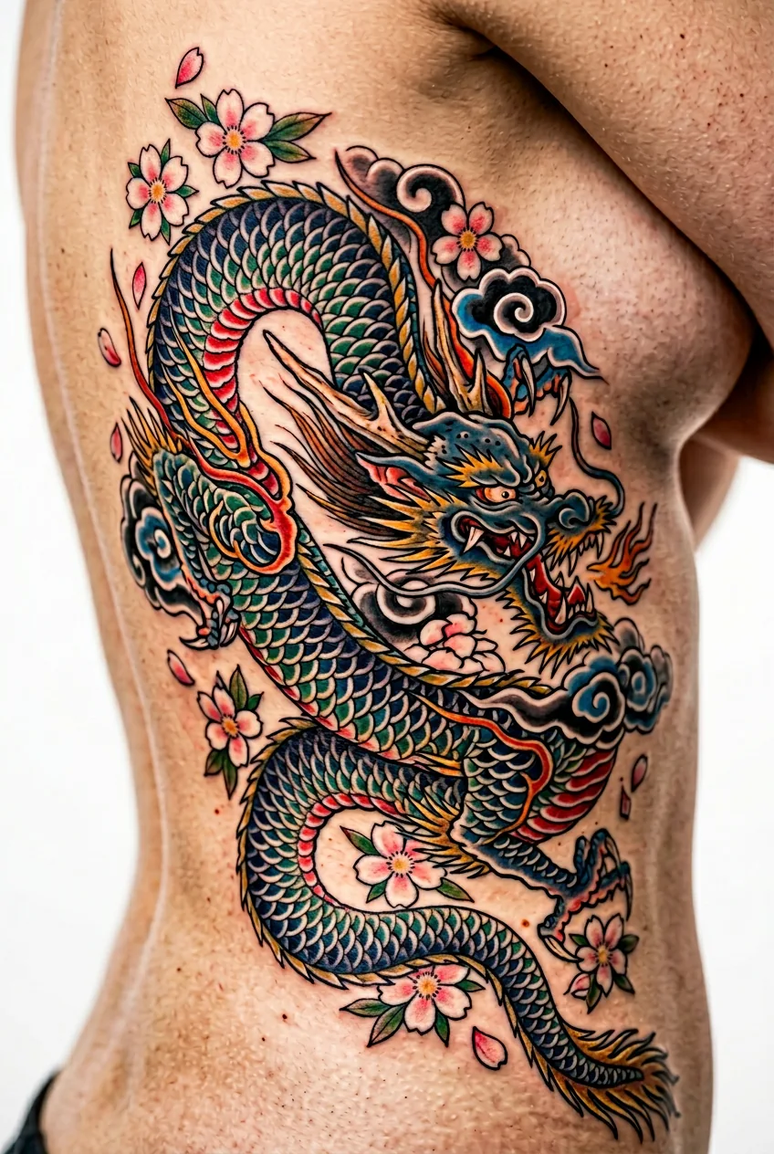 Japanese style dragon tattoo on ribcage with serpentine body detailed scales cherry blossoms and clouds