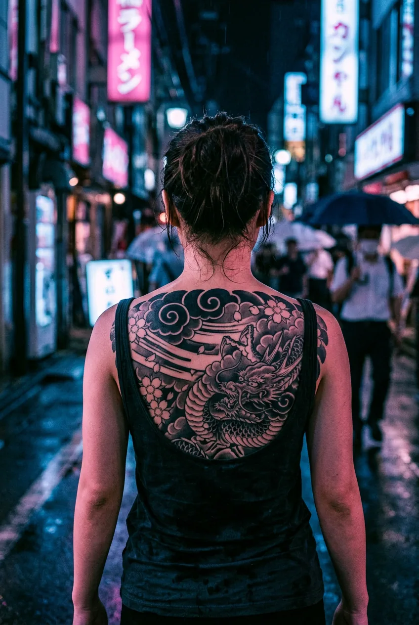 Japanese-inspired back tattoo with flowing design elements along spine captured in moody street lighting