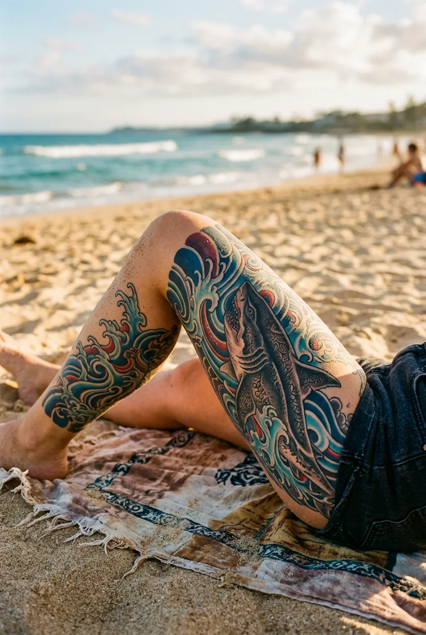 Woman's thigh resting at angle on beach showing a large Japanese irezumi-style shark surrounded by Hokusai waves in deep blue and red