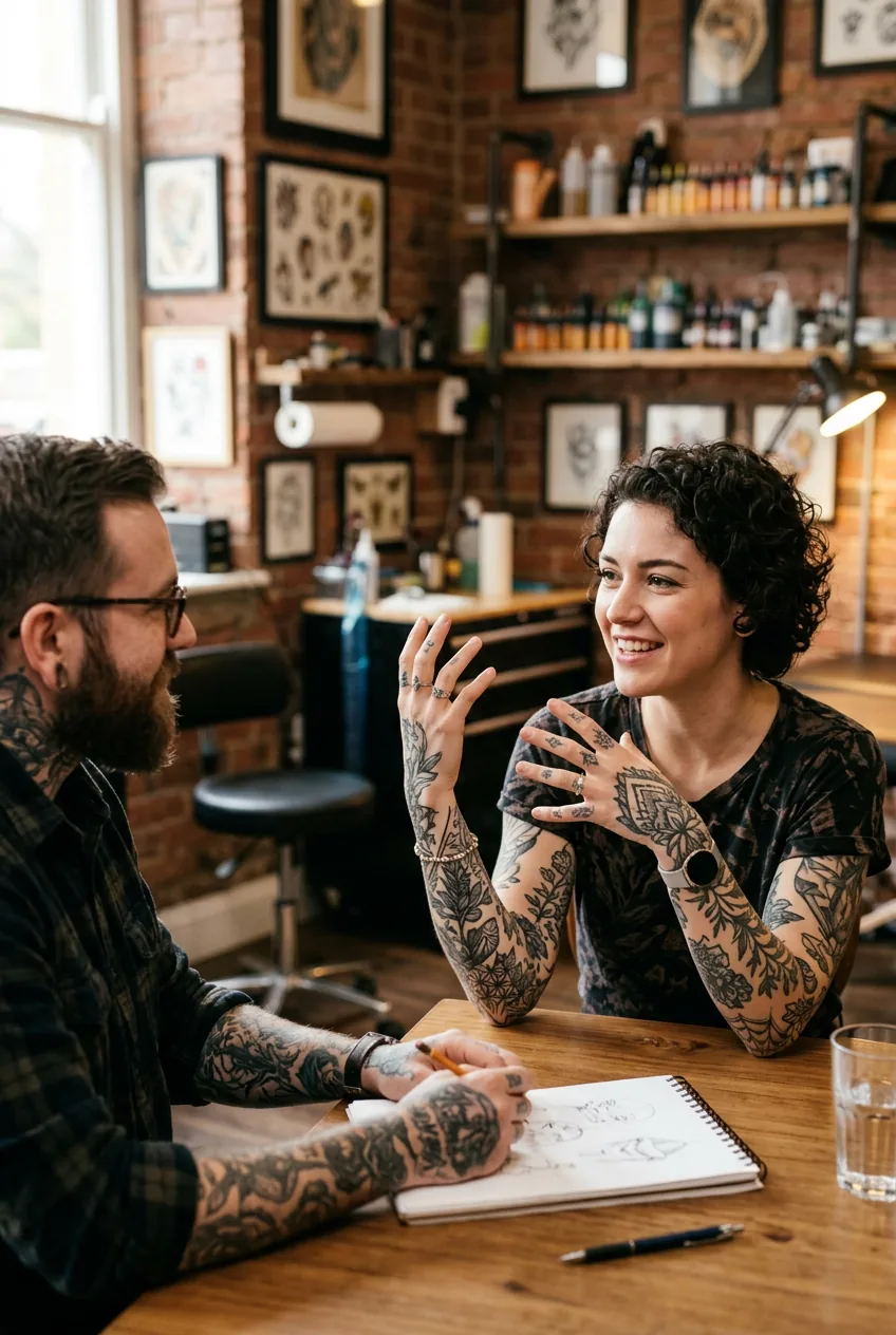 Woman gesturing expressively while discussing lifestyle factors with tattoo artist during consultation