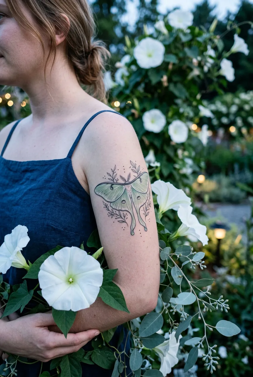 Woman's upper arm with a pale sage green Luna Moth tattoo beside moonflowers and eucalyptus in cool dusk light