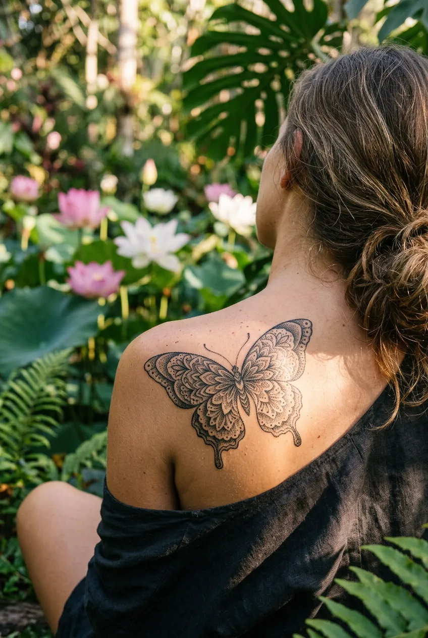 Woman's shoulder blade with an intricate mandala butterfly in black dotwork beside lotus flowers in warm morning garden light