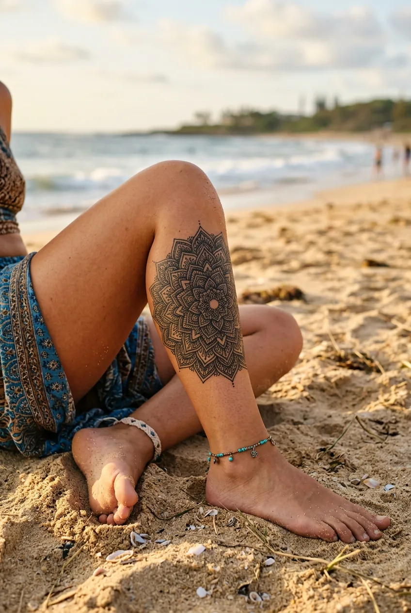 Dense intricate mandala tattoo centered on the broadest part of a woman's calf with ocean blurred softly in background