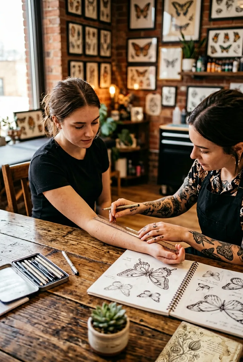 Woman measuring forearm area with ruler for butterfly tattoo size planning on consultation table