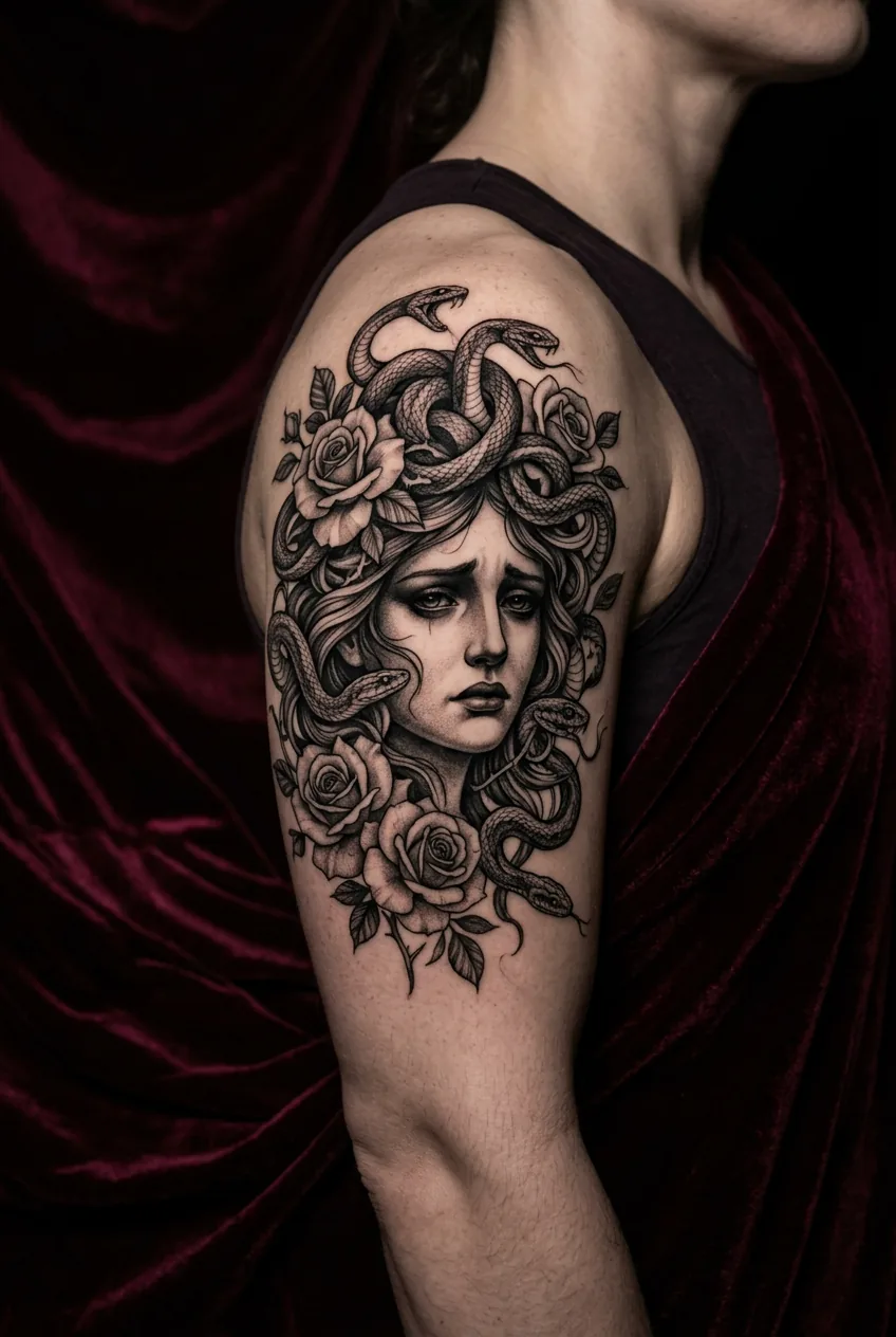 Black and grey realism Medusa portrait with roses and snakes on upper arm displayed against rich burgundy velvet
