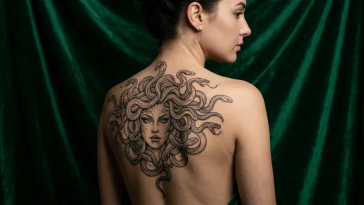 Fine line Medusa portrait tattoo with serpent hair displayed against emerald green velvet in dramatic studio lighting