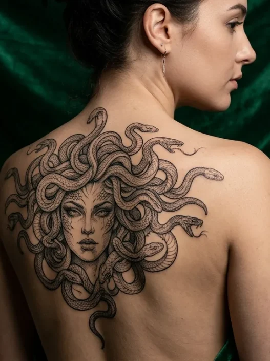 Fine line Medusa portrait tattoo with serpent hair displayed against emerald green velvet in dramatic studio lighting