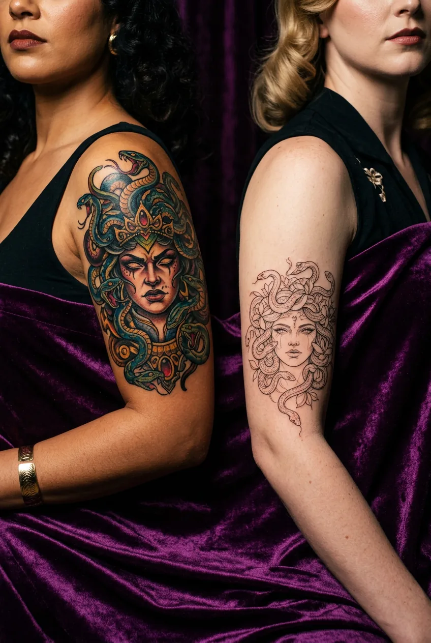 Two women's arms displaying contrasting minimalist and maximalist Medusa tattoo styles against rich purple velvet fabric