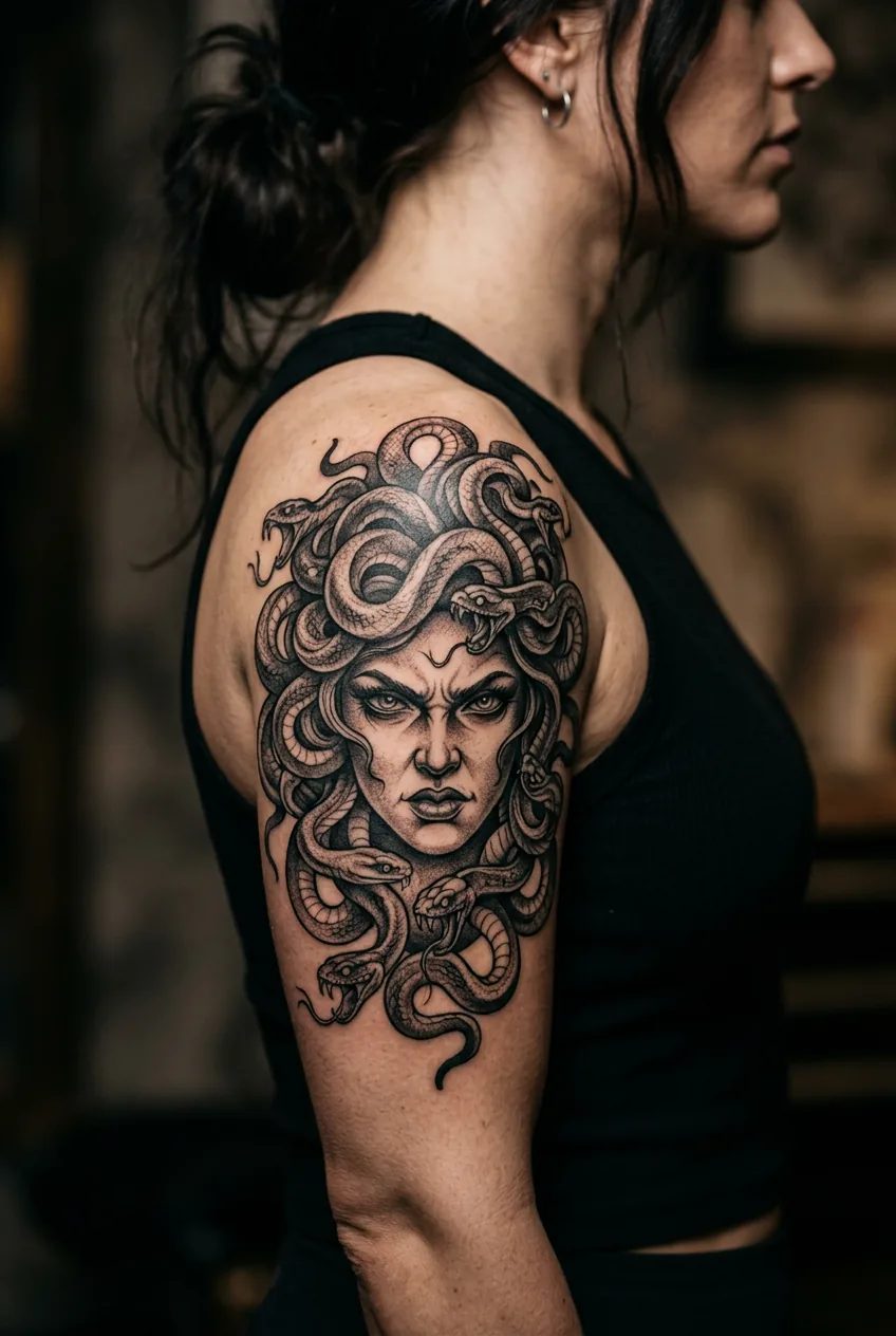 Detailed Medusa face tattoo on woman's upper arm showing fierce expression with flowing serpent hair and bold shading