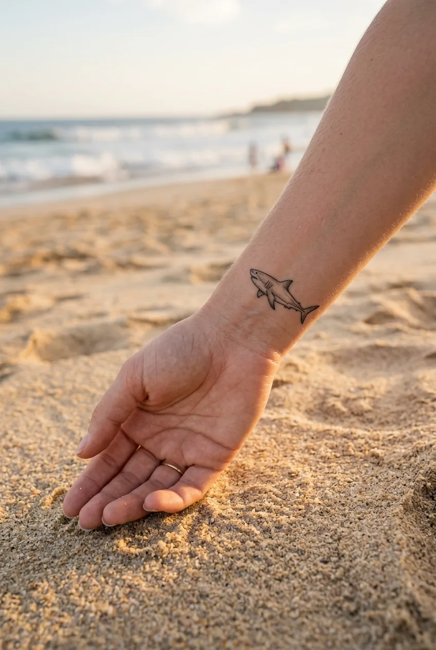 Woman's inner wrist and hand open on golden sand showing a tiny two-inch micro great white shark tattoo in fine black ink