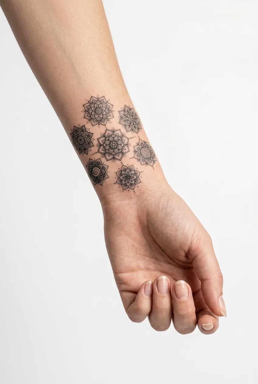 Woman's wrist displaying cluster of tiny intricate mandala tattoos with detailed circular patterns