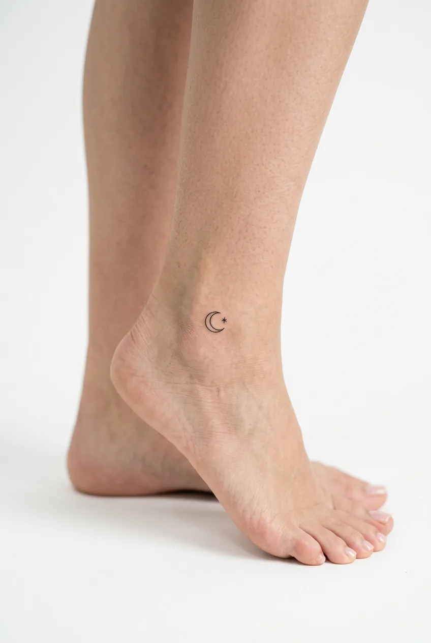 Small symbolic tattoo on woman's ankle bone showing micro design placement and detail
