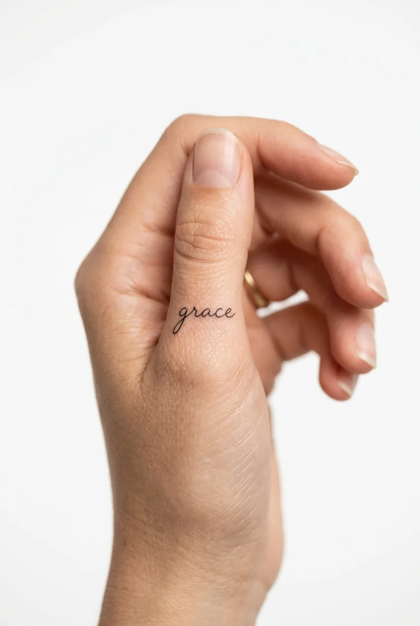 Micro single word tattoo smaller than thumbnail on woman's thumb area with fine script lettering