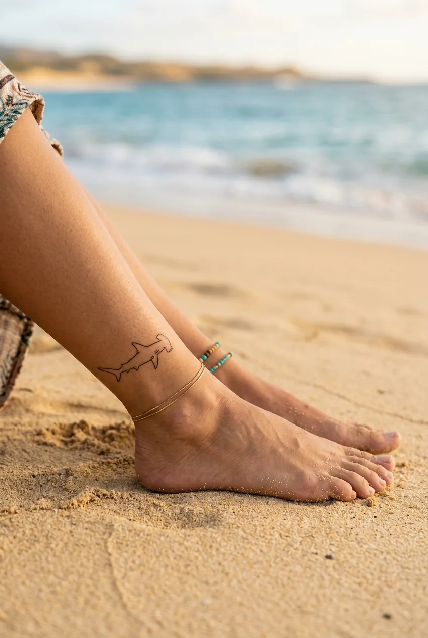 Woman's ankle and foot on warm golden sand showing a single-line minimalist hammerhead shark tattoo in delicate black ink