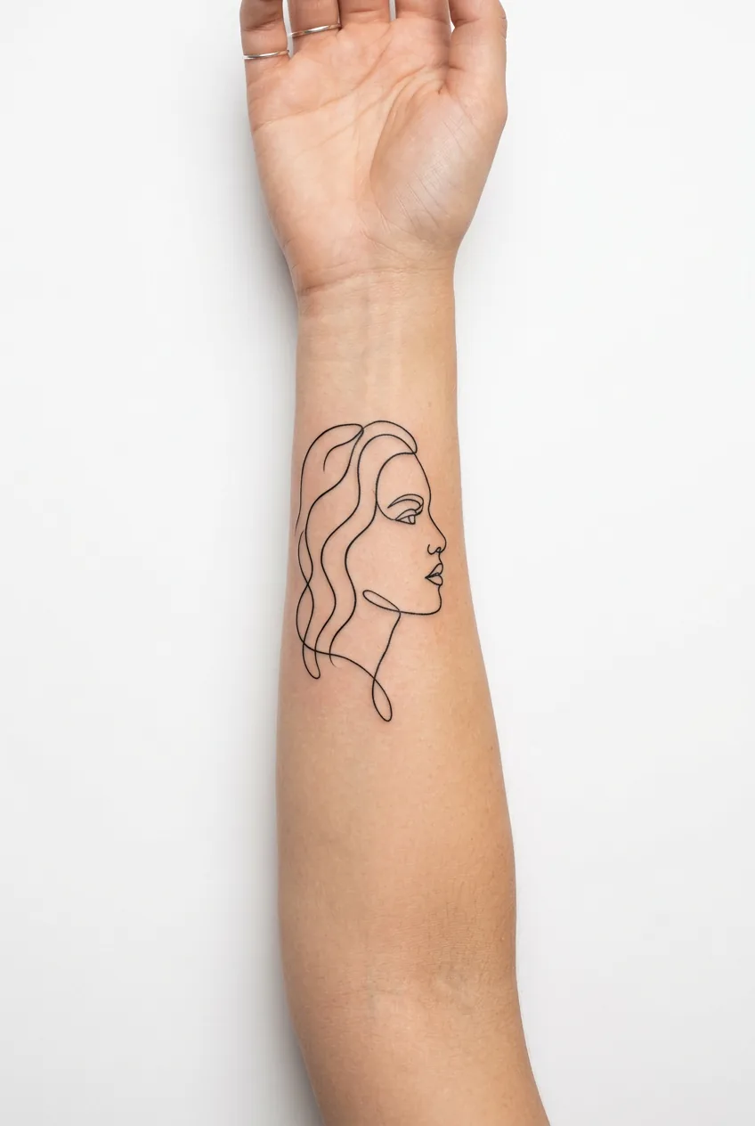 Woman's forearm showing minimalist single-line portrait tattoo with continuous line technique